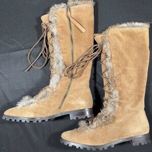 Calvin Klein Womens 'Lindsey' Rabbit Fur Trim Suede Lace up Boots 8.5 Pumice